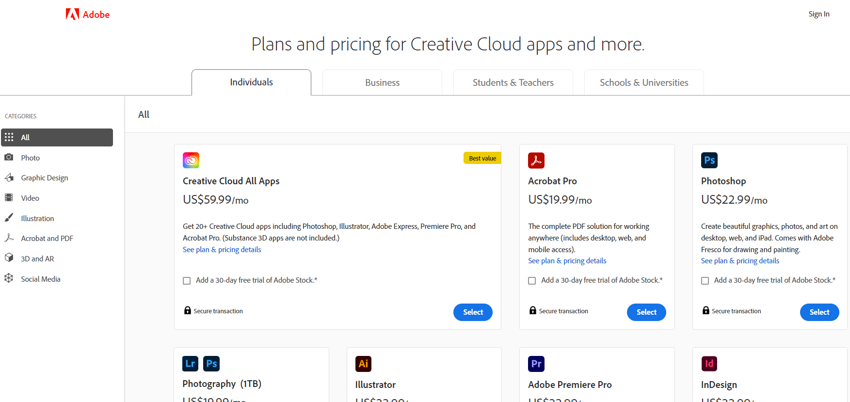 Adobe pricing page