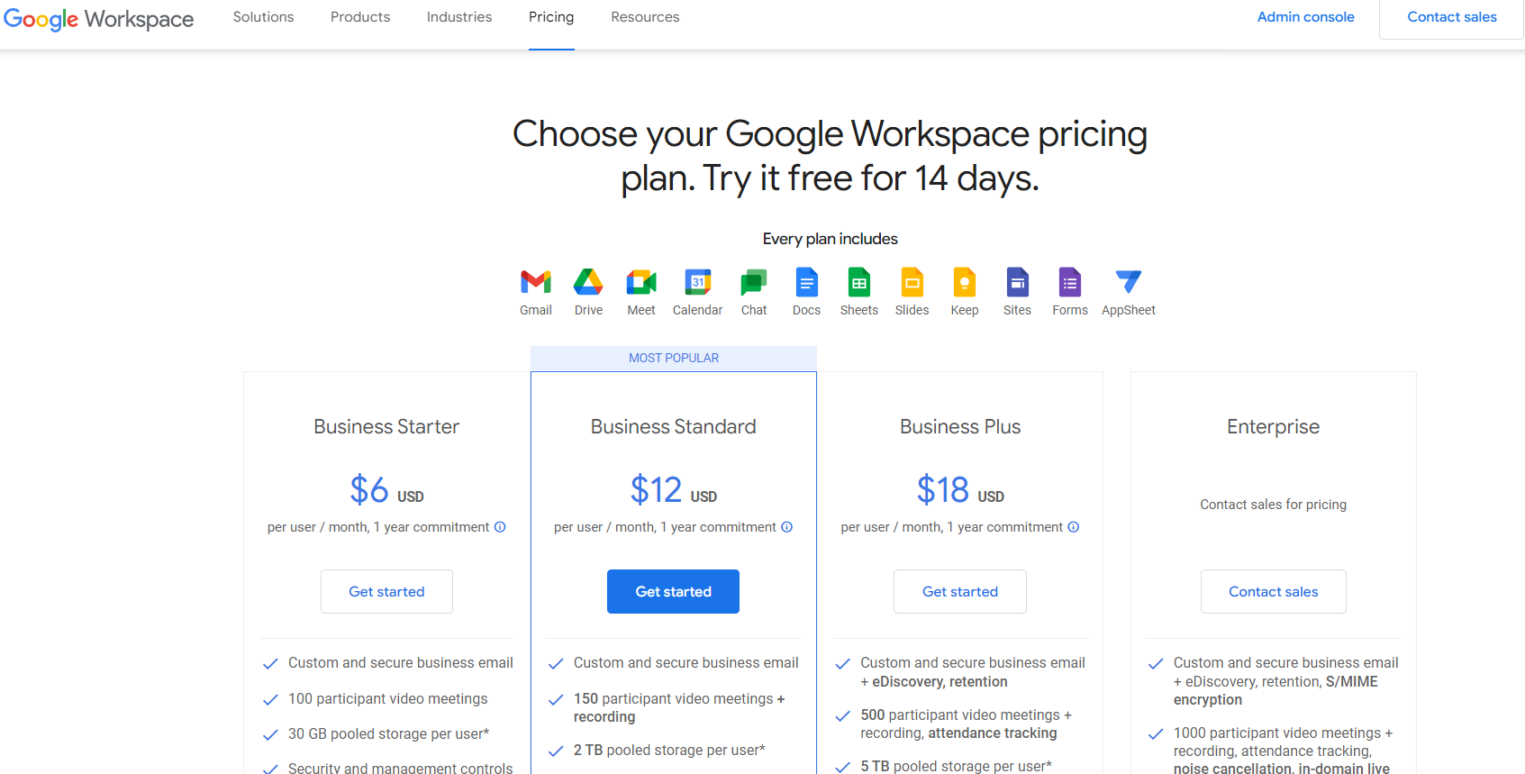 Google Workspace pricing page