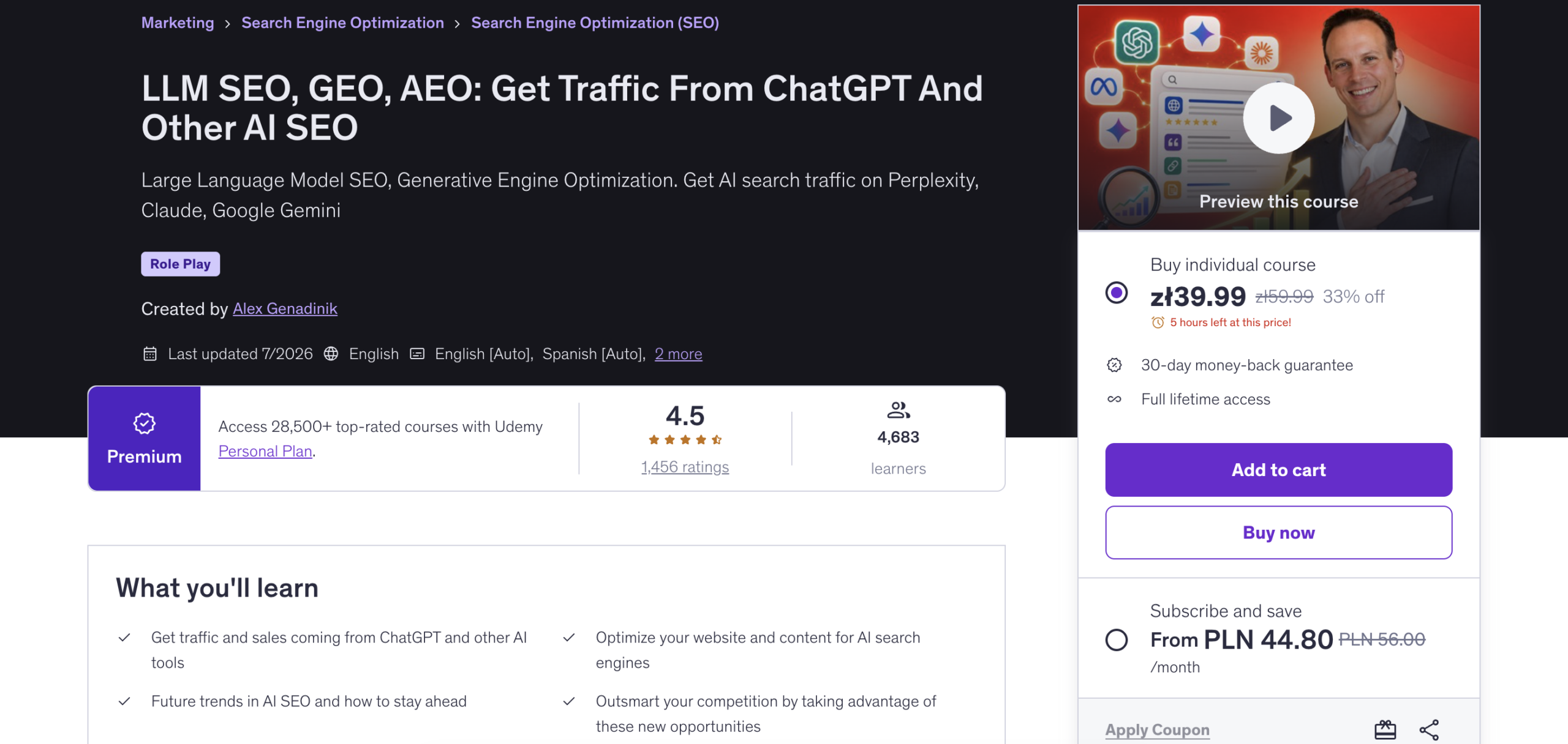 Alex Genadinik SEO and AI SEO course
