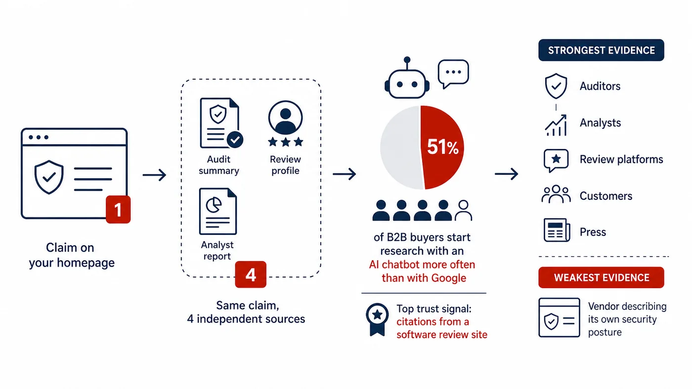 Diagram contrasting a single vendor claim with four corroborating third-party sources